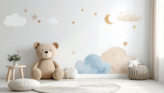 かわいいくまと雲の壁画があるシンプルな子ども部屋