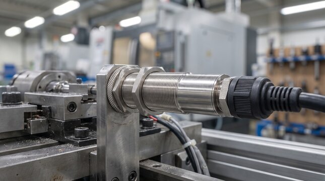 Industrial proximity sensor or inductive sensor mounted on a CNC machine, automated manufacturing equipment and electronic component