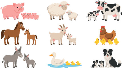 Obraz premium Cute Farm Animals and Babies Vector Illustration Set with Cow Pig Sheep Horse and Hen Families for Children Nursery Designs