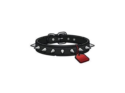 Black Spiked Pet Collar With Metal Studs Buckle And Red Tag On White Background Vector Illustration