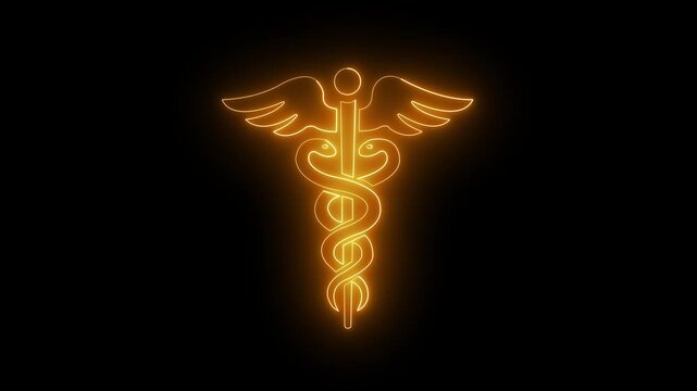neon Caduceus medical symbol icon with staff, wings, and entwined snakes for healthcare app, pharmacy, hospital, clinical care, medical logo