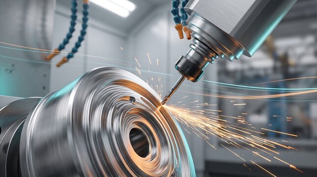 Industrial cnc machine milling metal piece with precision sparks and glowing light trails in modern manufacturing plant floor for high quality metalwork engineering and factory production