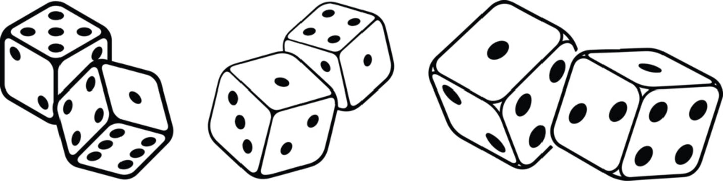 Collection of black and white dice face icons illustrating numbers one through six in both solid and outline styles, symbolizing game design elements and probability concepts