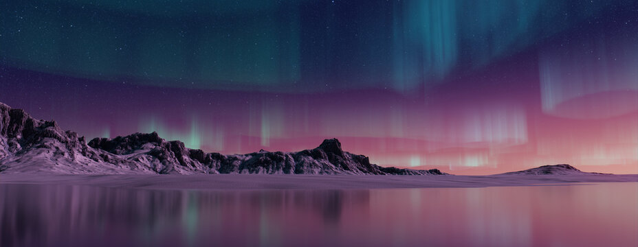 Beautiful Sky with Aurora and Stars. Blue Northern Lights Background with copy-space.