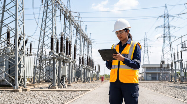 Young Indian female electrical engineer using a tablet at a power substation with high voltage towers, representing modern utility inspection and industrial technology