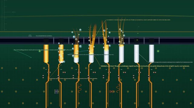 Animation detailing the chemical process of aqua regia gold extraction from gilded contact fingers showing rapid surface ionization as gold dissolves into bright auric complexes