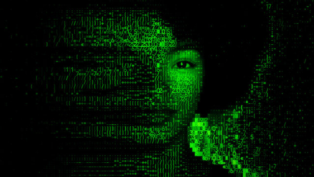 Female Face dissolving into Programming Code. AI Training Data Concept.