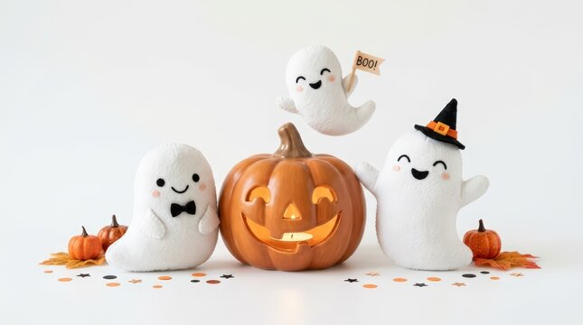 Cute Halloween decoration featuring three friendly ghosts and a glowing jack-o-lantern surrounded by autumn leaves and confetti on a white background