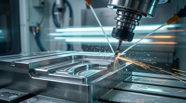 Automated cnc milling machine using coolant fluid and cutting metal block with sparks in high precision engineering facility showcasing modern industrial manufacturing technology and metalwork