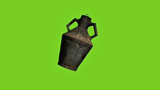 3D model of an ancient metal amphora jug rotating on a green screen background.