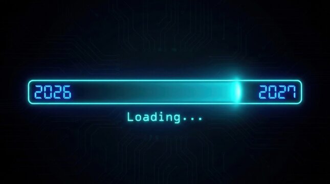 Cyber loading bar with futuristic year transition from 2026 to 2027