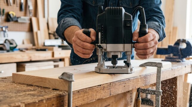Professional woodworker using a power router tool to shape a wooden board in a traditional workshop for custom furniture making and carpentry projects