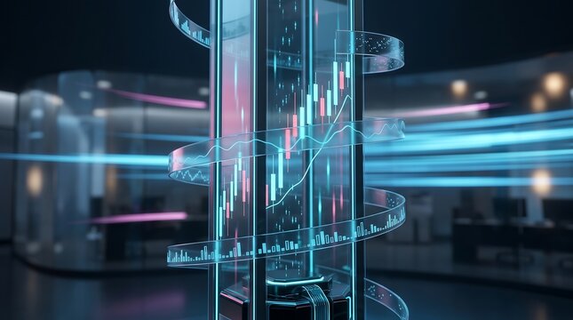 Vertical holographic market data tower with glowing candlestick charts and scrolling financial indicators spinning in a high tech server room environment with motion blurred lights
