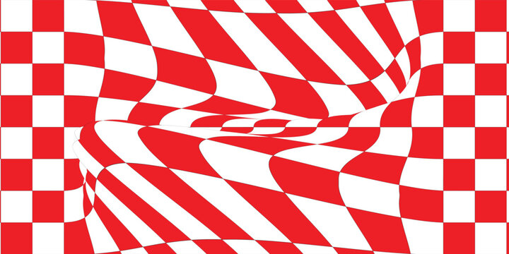 Red and white checkered distorted pattern background vector, optical illusion wavy checkerboard design.