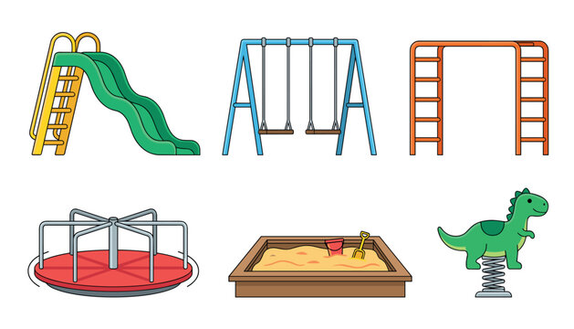 Kids playground equipment vector flat icons set. Slide, swing set, monkey bars, merry go round, sandbox, dinosaur spring rider, childhood, park, recreation and schoolyard isolated elements.