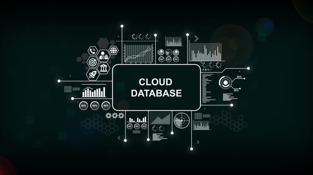 Cloud database network interface with animated digital data analytics and hud infographic digital network