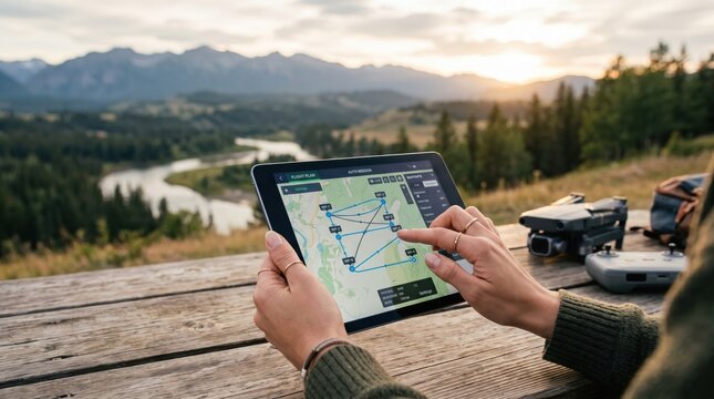 Woman planning a drone flight route using a digital tablet outdoors in a scenic mountain landscape with a river at sunset for aerial photography and mapping