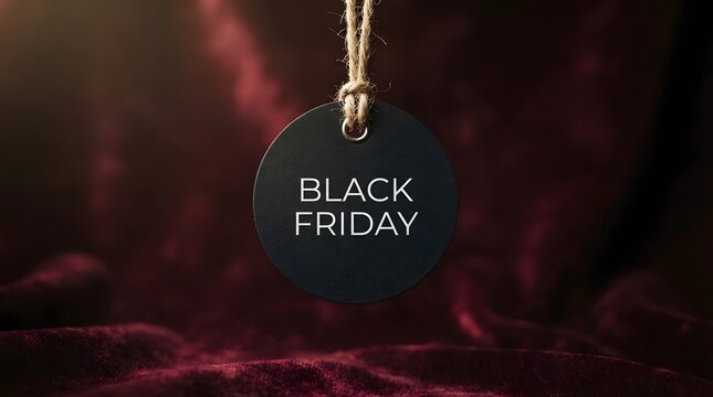 Black friday circular price tag hanging against a dark red velvet fabric background
