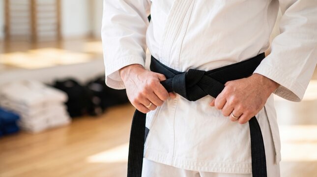 Middle aged Caucasian male martial artist tying his black belt in a dojo for karate or judo practice representing discipline and mastery in combat sports training