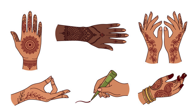 Henna mehendi tattoo hands vector set. Mandala pattern, floral ornaments, traditional body art, bridal decoration, mudra, cone applicator, lace designs and indian wedding celebration elements.