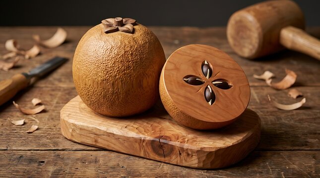 Carved wooden sapodilla fruit whole and halved with star-shaped seeds
