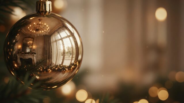 Shiny silver christmas ornament on decorated tree with bokeh lights