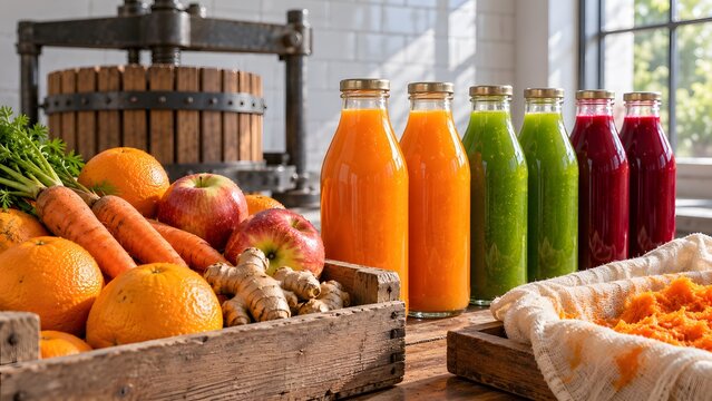 Cold press juice room close up of a crate of whole fruit and tall glass bottles of juice with a pressing cloth