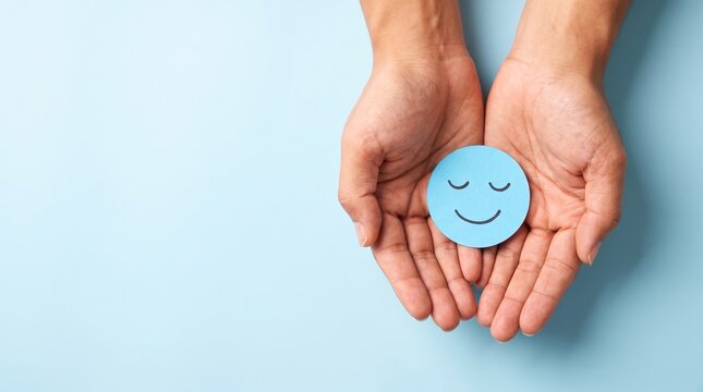 Peaceful blue smiley face held in hands, mental health and wellness concept, emotional support and psychological wellbeing for healthcare marketing