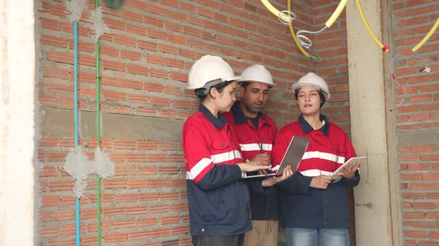 Three construction workers discuss project details beside unfinished brick wall while using tablet and documents to coordinate building work at construction site.