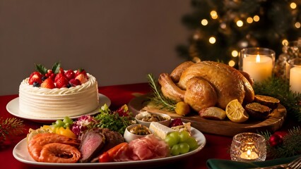 Fototapeta premium クリスマスキャンドルの柔らかな光に包まれた豪華なディナーとデコレーションケーキのパーティーテーブル