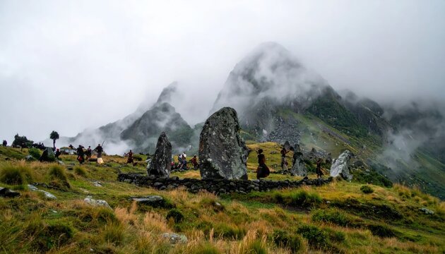 Ancient standing stones on misty mountain landscape
