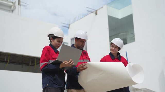 Three construction workers gather around large blueprint to review building plans and discuss structural details together inside unfinished construction site.