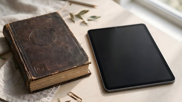 The contrast between printed pages and digital technology illustrates changing ways of accessing literature