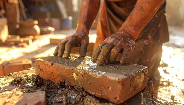 Artisan hands molding wet clay over brick foundation.