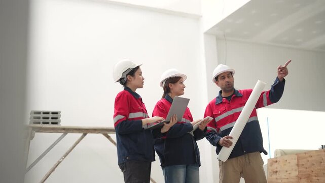 Construction workers review blueprint and tablet while pointing toward building structure and discussing installation details during site inspection.