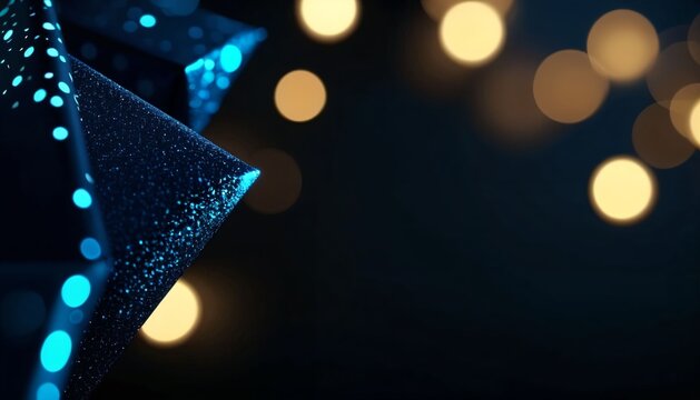 Close Up of Blue Glitter Triangle with Golden Bokeh