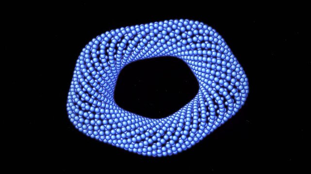 A Rotating Blue Iridescent Gyroscopic Torus Wave Made Of Small Spheres In A Dark Space For High-Tech Innovation And Digital Connectivity, Representing Fluid Modern Abstract Motion