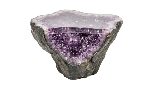 Amethyst geode crystal coffee table with glass top on transparent background