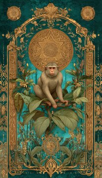 Ornamental Monkey in Tropical Jungle with Sacred Geometric Patterns