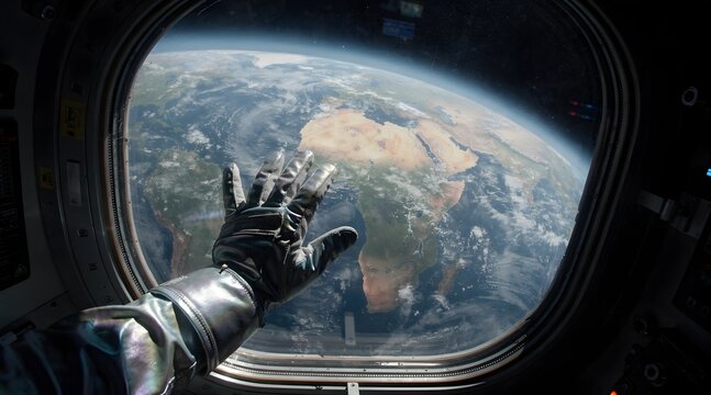 Astronaut Reaching Towards Earth from Space Station Window, Global Exploration and Future Technology Concept