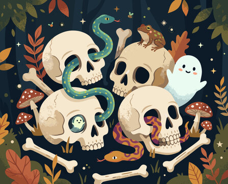 Halloween skulls with snakes ghost mushrooms bones and forest animals in spooky dark woodland