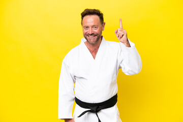 Middle age caucasian man doing karate isolated on yellow background pointing up a great idea © luismolinero