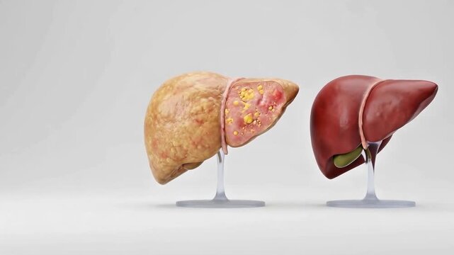 Detailed 3D Medical Comparison of Healthy Human Liver and Severe Fatty Liver Disease Showing Hepatic Steatosis and Cirrhosis Pathology 