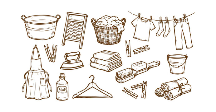 Vintage Laundry and Wash Day Equipment Hand Drawn Doodle Vector Icon Set with Washboard, Wash Tub, Basket, Clothesline, Clothespins, Iron, Soap and Brush