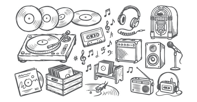 Vintage Record Store and Retro Audio Equipment Hand Drawn Doodle Vector Icon Set with Vinyl Records, Turntable, Cassette Tape, Headphones, Jukebox, Radio and Speaker
