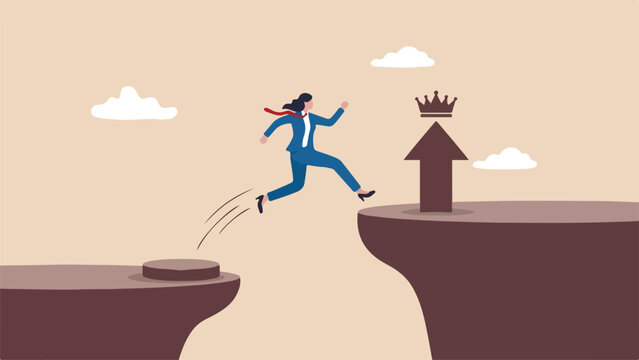 Corporate hierarchy career ladder leap concept brave businesswoman leaping across gap between small stepping stone and high executive platform clean minimal flat vector illustration 