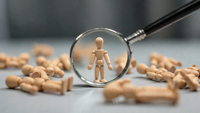 A magnifying glass focuses on a standing wooden mannequin surrounded by fallen identical ones, symbolizing selection and attention.