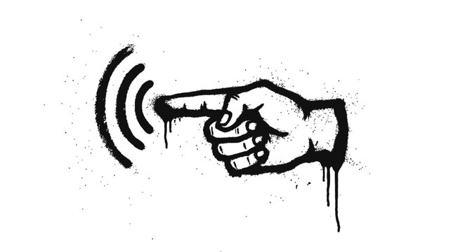 Black spray paint graffiti hand pointing right with radiating sound waves showing direction