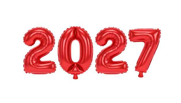 Red 2027 foil balloons isolated on white background for New Year