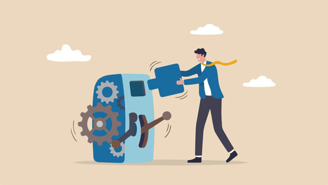 Product market fit validation testing concept inventor successfully inserting square peg into matching square hole in dynamic puzzle machine clean minimal flat vector illustration